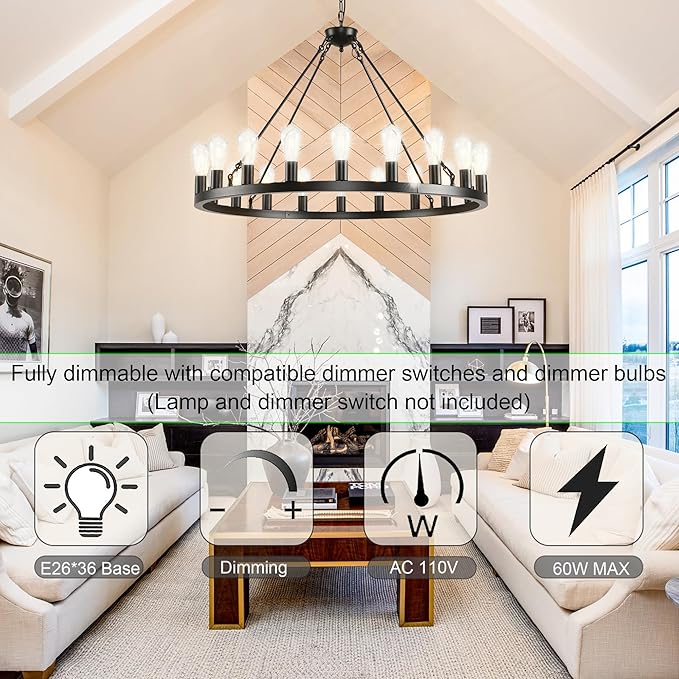 40 inch Black Wagon Wheel Chandelier 20-Light Farmhouse Round Wheel Chandeliers Hanging Light Fixture Outdoor Wagon Wheel Chandelier for Porch for High Ceilings Dining Room