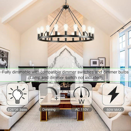 40 inch Black Wagon Wheel Chandelier 20-Light Farmhouse Round Wheel Chandeliers Hanging Light Fixture Outdoor Wagon Wheel Chandelier for Porch for High Ceilings Dining Room