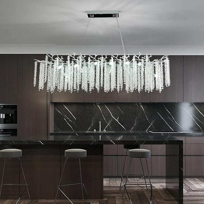 Modern Crystal Tree Branch Chandelier, Chrome Linear Rectangle Art Deco Raindrop Lighting Fixture for Dining Room Living Room Kitchen Island 16 Lights L59''