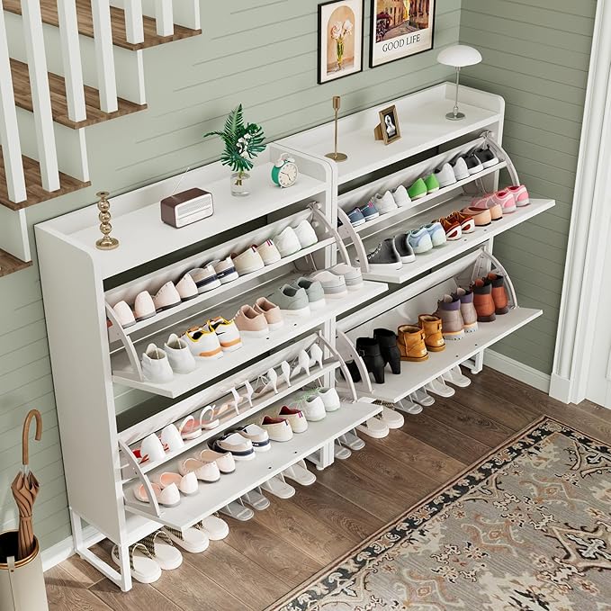 Shoe Cabinet, Shoe Storage Cabinet with 2 Flip Drawers & Adjustable Shelf, Space-Saving Shoe Organizer – Holds 16+ Pairs, Narrow Shoe Cabinet Storage for Entryway/Hallway（White）