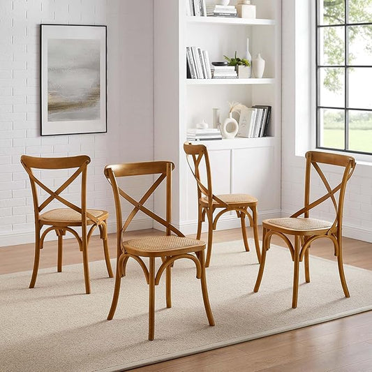 Modway Gear Rustic Modern Farmhouse Elm Wood Rattan Four Dining Chairs in Walnut