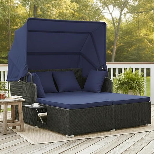 Tangkula Patio Rattan Daybed with Retractable Canopy, Outdoor Wicker Sunbed Lounger with 2 Foldable Side Tables, Thick Seat & Back Cushions, Outside Double Daybed for Garden, Backyard, Porch, Navy