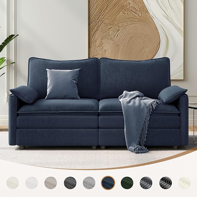 Vesgantti 74" Loveseat Sofa for Living Room, Comfy Cloud Couch Deep Seat Chenille Modern 2 Seater Small Sofa with Armrest Pillow, Easy Assembly for Small Spaces, Blue | Sink-in Comfort, Height Adjustable, Easy Rearrangement, Extra-deep Ottoman, Solid W...