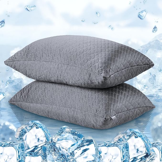puredown® Pillows Queen Size Set of 2, Shredded Memory Foam Pillows, Cooling Foam Pillow for Sleeping, Soft Bed Pillow Queen Size with Adjustable Foam for Side, Back and Stomach Sleepers, Grey