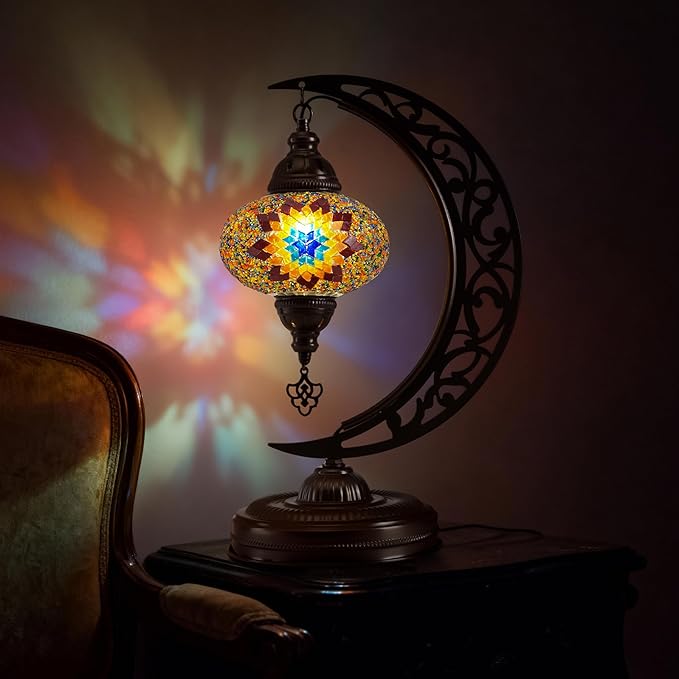 Mozaist Turkish Tiffany Style Moon Shape Table Lamp, Moroccan Mosaic Crescent Handcraft Desk Light, Rustic Stained Glass Dining Room, Bedside Colorful Home Decor with E12 Socket & US Plug (Sunflower)