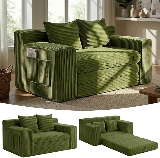 Boneless Loveseat Sleeper Sofa Bed: 3-in-1 Convertible Sofa Bed with Side Pockets & Handle,Pull Out Couch with 2 Pillows,Folding Futon for Small Space,Living Room & Bedroom,Green