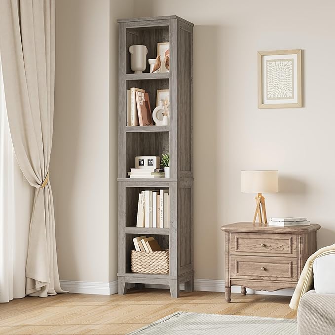 GarveeHome Narrow Bookcase 5 Tier Farmhouse Bookshelf Wooden Bookshelves Rustic Vintage Etagere Oak for Home Office, Living Room, Bed Room, Gray