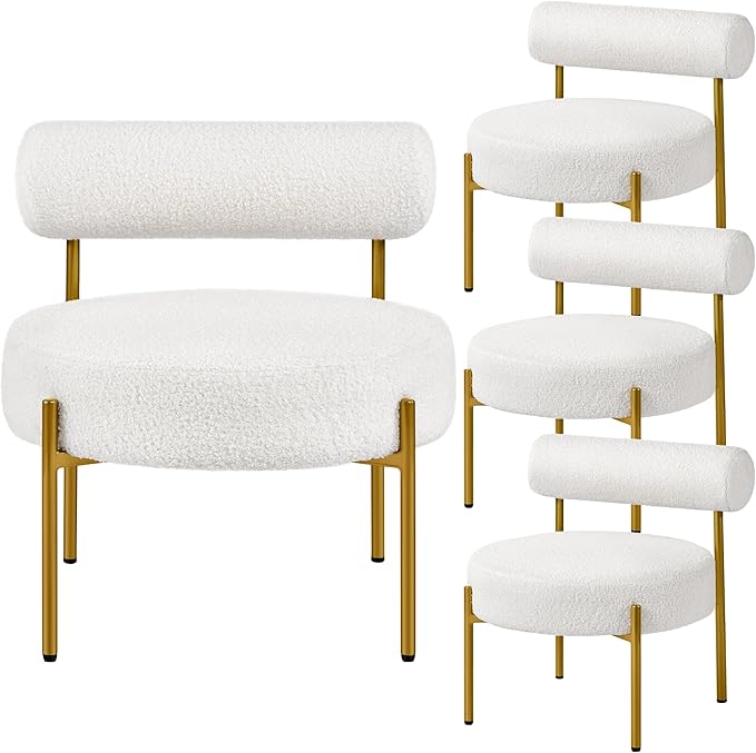 Yaheetech Boucle Accent Chair, Modern Tufted Vanity Chair, Cozy Sherpa Barrel Chair with Gold Legs, Club Chair for Living Room Bedroom Vanity Room Home Office, White, 4pcs
