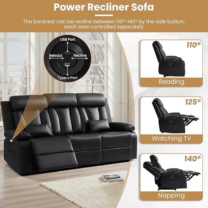 Power Reclining Sofa with Drop-Down Console and Lumbar Pillows, Leather 3-Seat Recliner Couch with USB & Type-C Ports, Cup Holders, Hidden Storage, Wall Hugger Recliner for Living Room RV Theater