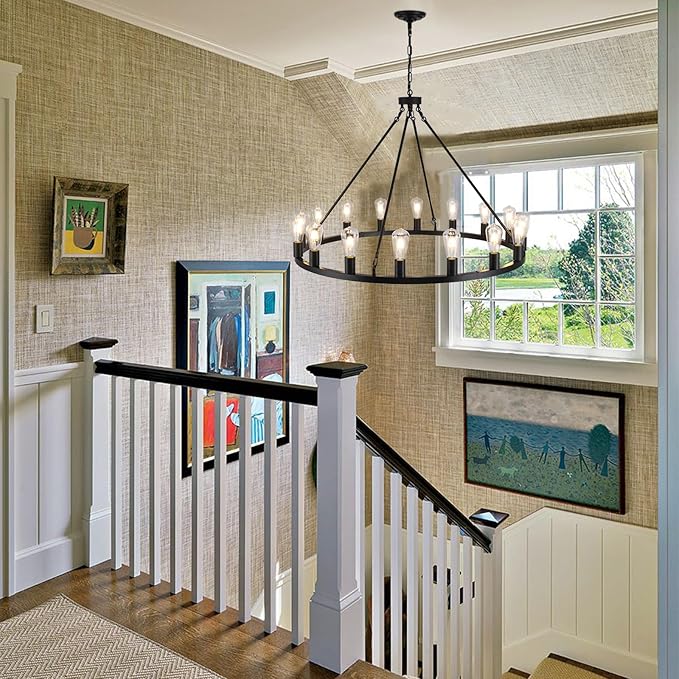16 Lights Black Wagon Wheel Chandelier, 40 inch Large Farmhouse Light Fixture Round Rustic Pendant Light, Outdoor Wagon Chandelier for Porch High Ceilings Dining Room Living Room Entryway