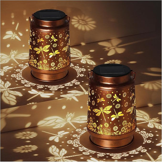 2 Pack Dragonfly Solar Lanterns Outdoor Waterproof Rose Garden Decor Gifts for Women Mom Grandma Hanging Solar Lights Metal Lantern Decoration Outside for Yard,Patio,Backyard,Porch
