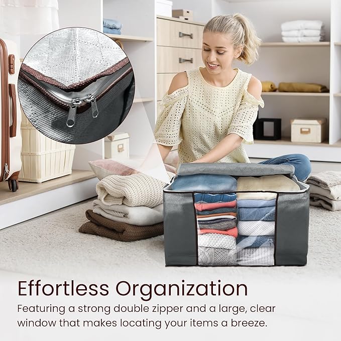 Reli. 60L Clothes Storage Bags (9 Pack) Closet Organizers, Storage Containers | Foldable Clothes Bins w/Lids, Handles | Large Bags for Storing Towels, Clothing, Toys, Blankets | Grey