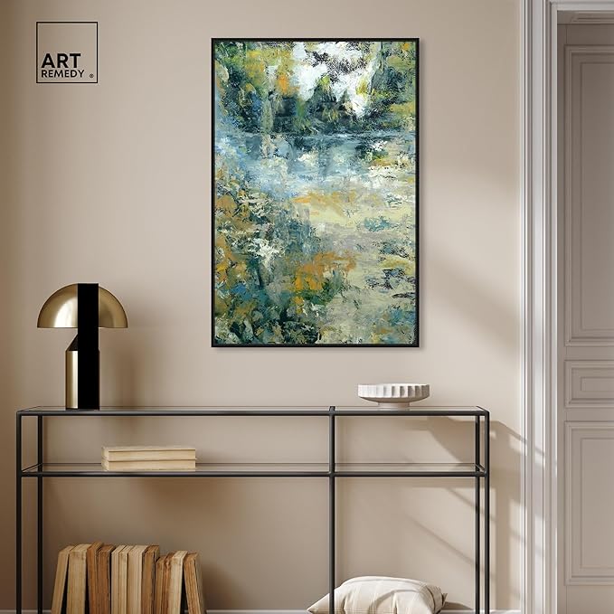 Art Remedy Green Moss Monet Garden Green Abstract Canvas Wall Art, Black Floater Frame, 24"x36"