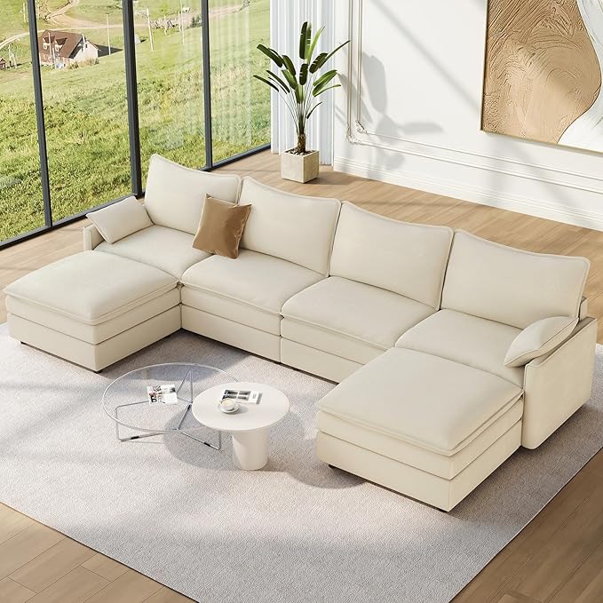 Vesgantti 142" U Shaped Sectional Couch, Comfy Cloud Modular Sectional Sofa with 2 Ottoman Deep Seat Chenille Modern Cloud Sofa, Modular Sofas for Living Room, Bedroom and Apartment, Beige | Sink-in Comfort, Height Adjustable, Easy Rearrangement, Extra...