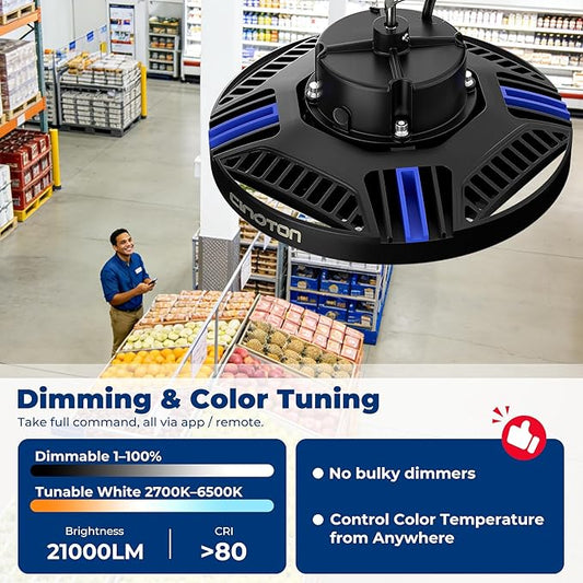 CINOTON Smart UFO LED High Bay Light 150W 21000lm, 2700K-6500K 1-100% Brightness Stepless Dimm Aluminum Shop Lights, ETL Listed Lighting for Garage Stadium, APP/Alexa/Remote Control, 120-277V, 2 Pack