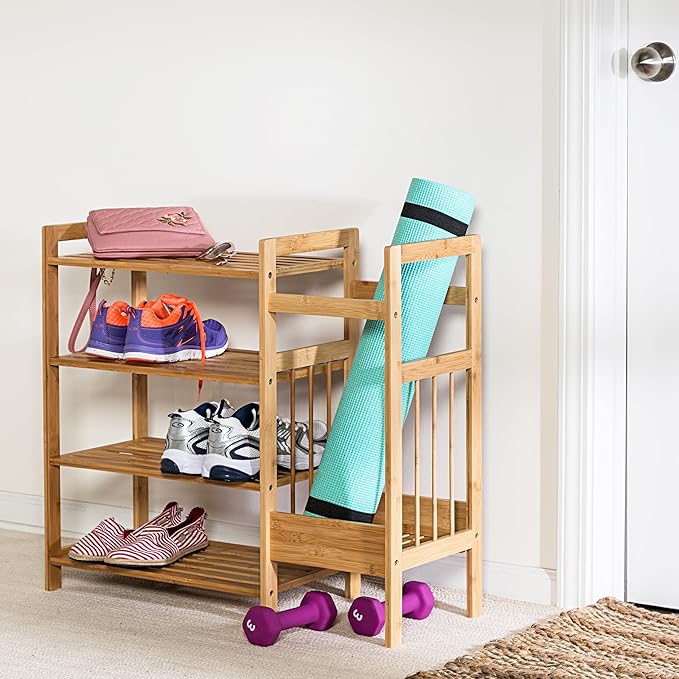 Honey-Can-Do Bamboo Entryway Organizer with 5 Coat Hooks and 3-Tier Shoe Rack – Multi-Purpose Hall Tree for Entryway & Mudroom – Natural Bamboo Storage Shelf for Bags, Hats, and Umbrellas