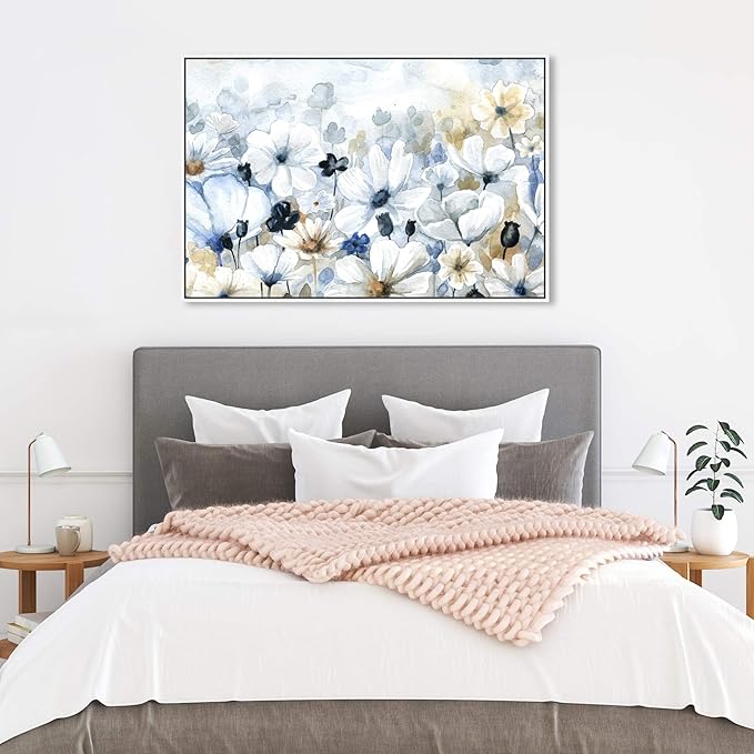 The Oliver Gal Artist Co. Floral and Botanical Wall Art Framed Canvas Prints 'Fields Flowers Home Décor, 36" x 24", Blue, White