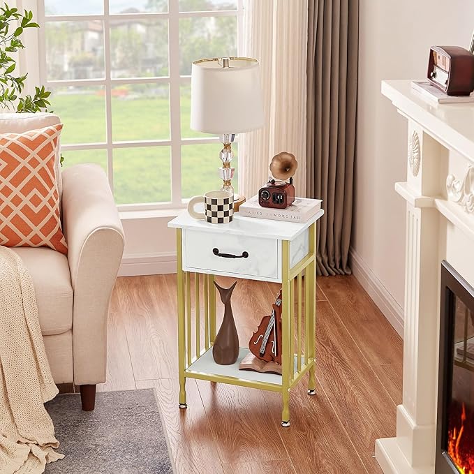 VECELO Nightstands, Industrial Side Table/End Tables with Drawer and Storage Shelf, Night Stands for Bedroom, Living Room, Wood Metal Furniture, Easy Assembly,Gold,l Set