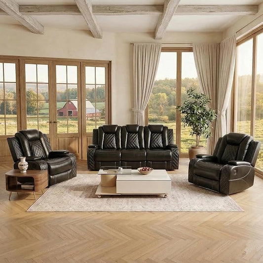 Power Recliner Sofa and 2 Chairs, Air Leather Reclining Set with LED/Cup Holders/Storage, 3 Pieces Reclining Living Room Furniture, Black Leather Couches for House/Apartment/Office