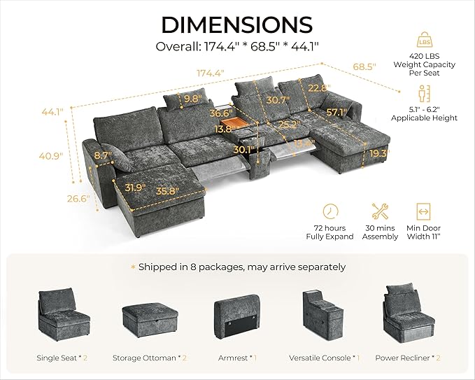 174.4'' Oversized Modular Power Recliner Sofa with Headrest, Deep Cloud Couch with Table, Charging Cup Holders, Convertible U-Shaped 6-Seater Sectional with 2 Storage Ottomans, Chenille, Grey