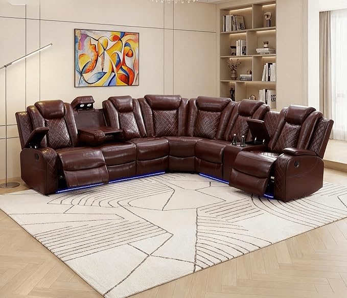 Power Recliner Sectional Sofa with LED Lighting, Breathing Leather Corner Couch with USB Port and Storage Console, Cup Holders, Reading Light – Home Theater & Living Room Seating (Red)