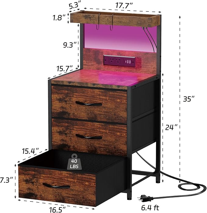 Nightstands Set of 2, End Table with LED Light and Charging Station Type C, 3 Drawers Storage Dresser Night Stand with Hooks, Tall Bed Side Table for Bedroom Dorm, Rustic Brown