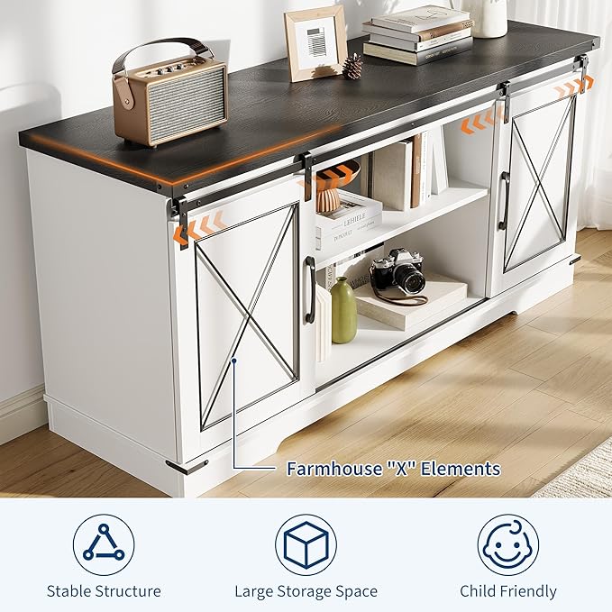 GarveeHome Farmhouse TV Stand for TV up to 65 in and Entertainment Center with Sliding Barn Doors and Adjustable Shelf, Tv Media Console Table with Storage Cabinet for Living Room, Bedroom, White