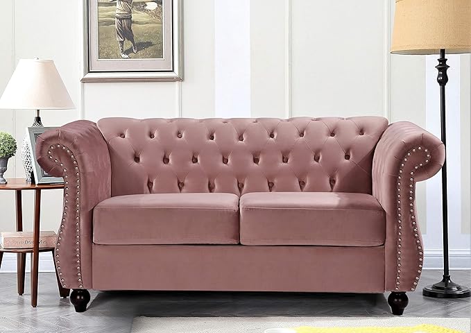 Container Furniture Direct Feinstein Modern Velvet Chesterfield Couches for Living Room with Nailheads, Diamond Tufting & Durable Metal Frame, Loveseat, Rose