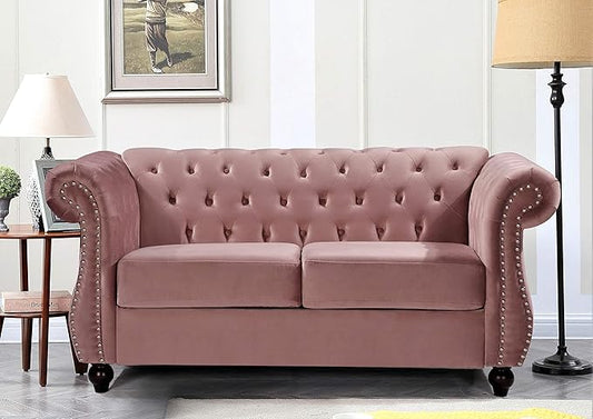 Container Furniture Direct Feinstein Modern Velvet Chesterfield Couches for Living Room with Nailheads, Diamond Tufting & Durable Metal Frame, Loveseat, Rose