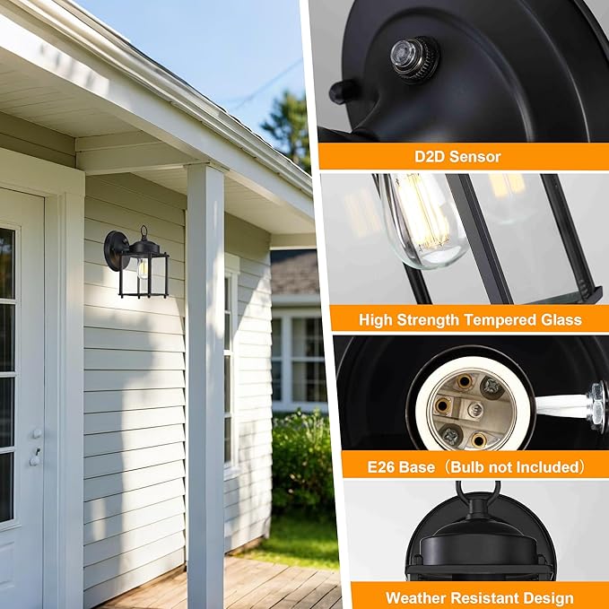 GRUENLICH Dusk to Dawn Outdoor Wall Lantern, Exterior Wall Sconce Light Fixture, Wall Mount, Outside Porch Lighting with Clear Glass for House, Patio, Matte Black, 2 Pack