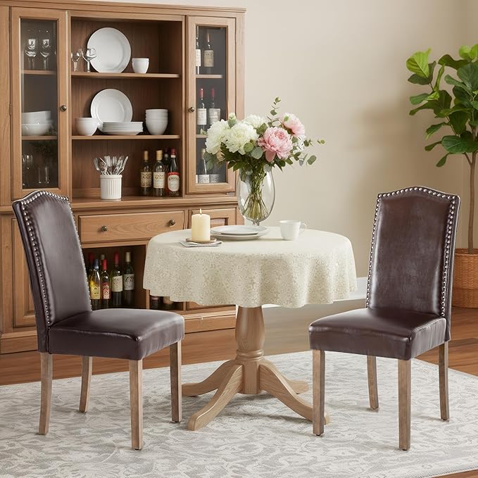 Upholstered Dining Chair Modern Stylish Parsons Kitchen Diner High Back with Silver Nailhead Trim & Wood Legs, Set of 6, PU Leather Dark Brown