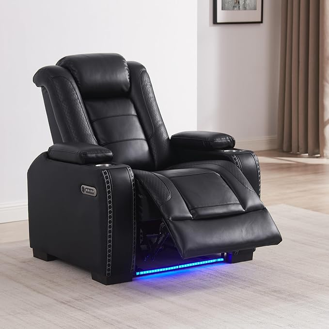 THSUPER Brown Leather Power Theater Recliner Chair with Arm Storage and LED Lights, Reclining with Power Headrest and Cup Holders for Living Room Furniture. Black Chair