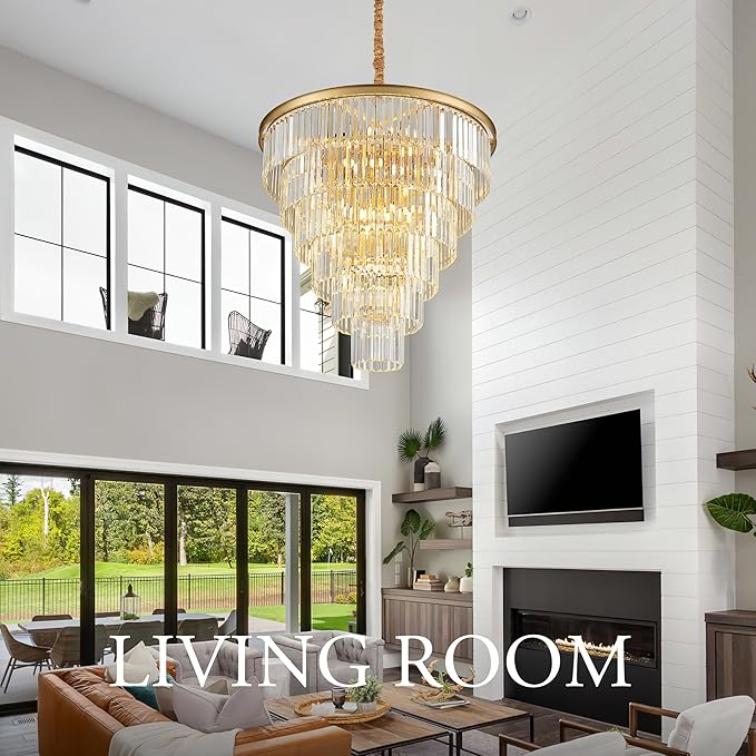 21-Light Gold Crystal Chandelier 29.92" Modern Crystal Pendant Ceiling Light Fixture 7-Tier Luxury K9 Crystal Chandeliers,for Living Room Hotel Lobby Restaurant Foyer High Ceiling