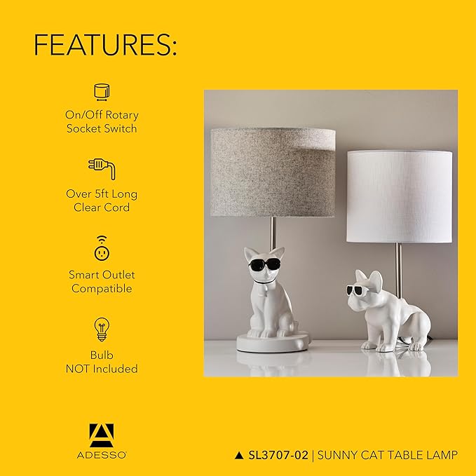 Adesso Sunny Cat Table Lamp – White Ceramic Novelty Lamp for Bedroom and Office Lighting or Living Room Décor, 18” x 10”