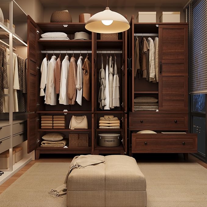 GarveeHome Armoire Wardrobe Closet with 2 Doors, Wooden Wardrobe Cabinet with Hanging Rod, 72 in Narrow Tall Clothing Armoire Cabinet with 18 Adjustable Shelves for Clothes, Bedroom, Walnut