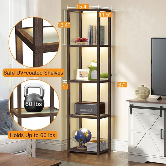 OUTON 67" Glass Display Shelf with Dimmable LED Floor Lamp, Collectibles Display Cabinet with Remote & App Control, 5 Tier Open Bookshelf Lamp for Living Room, Bedroom, Office, Home Decor, Walnut