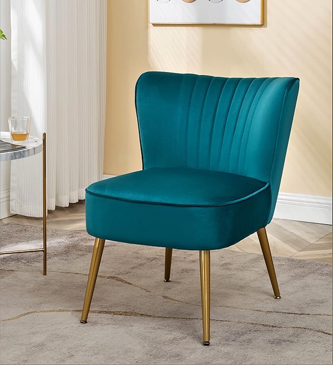 Modern Velvet Accent Chair for Living Room, Bedroom, or Entryway, Stylish and Comfortable Armless Design with Metal Legs, Greynish Blue