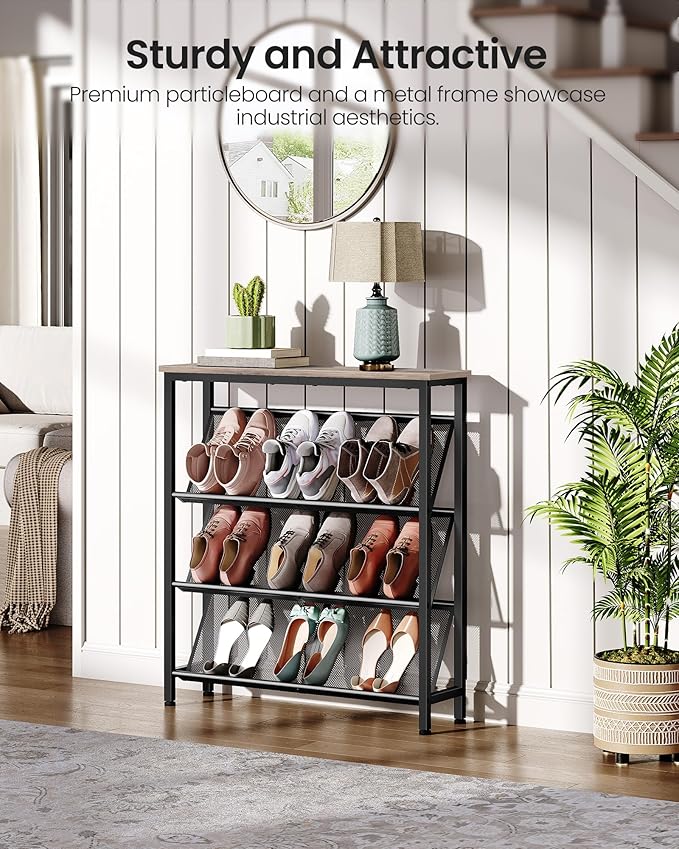 Shoe Rack, 4-Tier Slanted Shoe Storage Shelf, Narrow Shoe Rack for Entryway, Shoe Organizer with Adjustable Feet, Slim Shoe Shelf with Wooden Top and Metal Frame, Greige and Black TXJ75BG