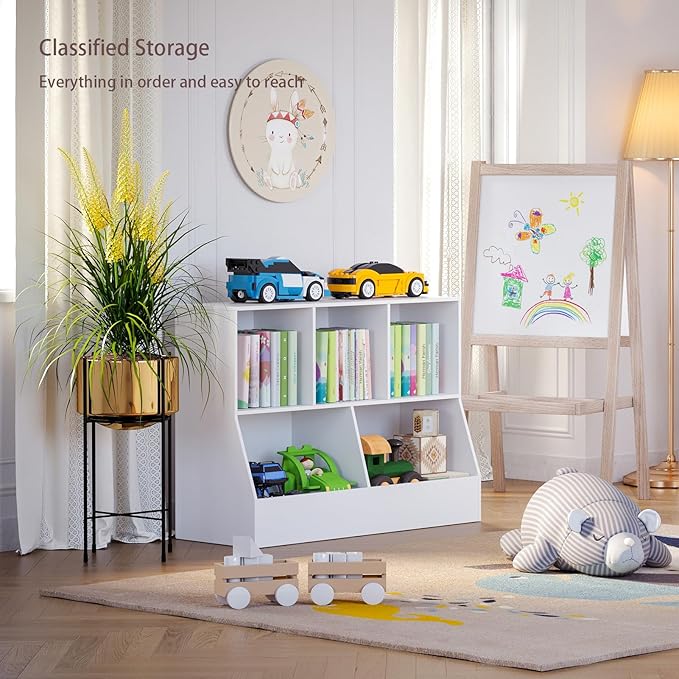 DINZI LVJ Toy Storage Organizer, Kids Bookshelf, Wood Toy Storage Cabinet, 5 Cubby Children Bookcase, 39.4" L Toddler Book Shelf for Playroom, Living Room, Nursery, Hallway, School, White