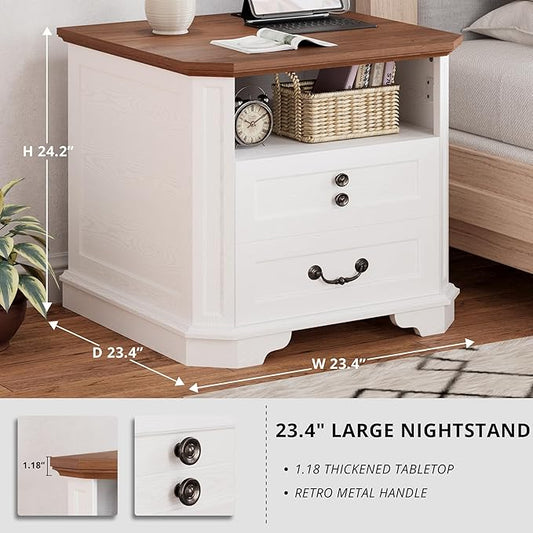 IRONCK Night Stand 23.4" Farmhouse End Table with Charging Station, Large Sofa Side Table with 2 Drawers, for Bedroom, White