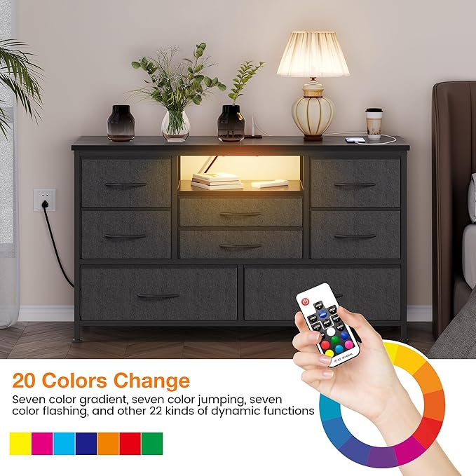 Jojoka 8-Drawer LED Dresser TV Stand with Power Outlet for 55'' TV - Wide Storage Chest for Bedroom, Living Room & Entryway, Wood Top Console Table with 22 Light Modes