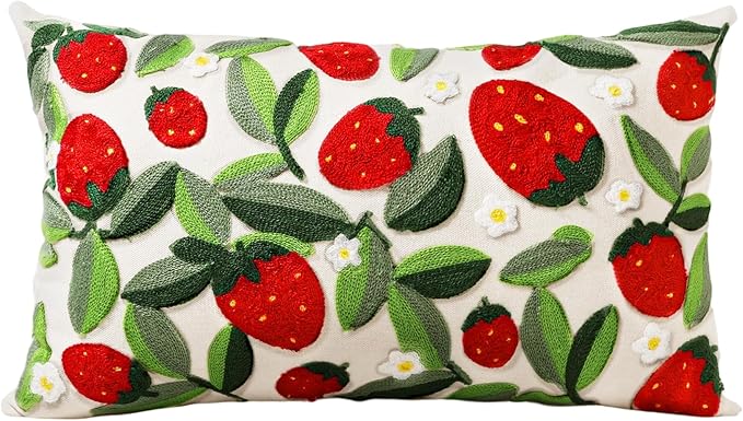 Embroidered Lumbar Pillow Cover - 20x12 Decorative Pillow Cover with Zipper Aesthetic Cute Design Boho Spring Summer Throw Pillowcase for Living Room Couch Sofa Bed, Leaf Strawberry