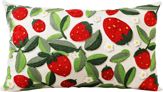 Embroidered Lumbar Pillow Cover - 20x12 Decorative Pillow Cover with Zipper Aesthetic Cute Design Boho Spring Summer Throw Pillowcase for Living Room Couch Sofa Bed, Leaf Strawberry