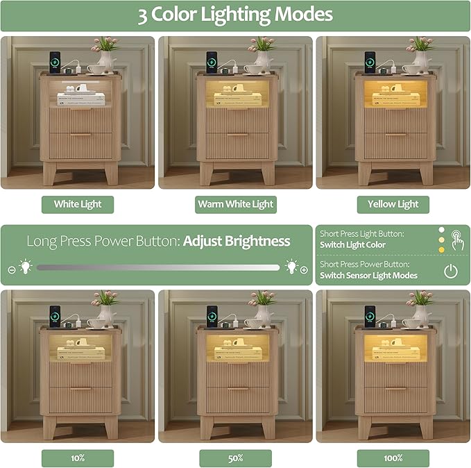 Night Stand with Charging Station, Fluted NightStand with LED Light and 2 Drawers, Wood Bedside Table with Open Storage, Modern