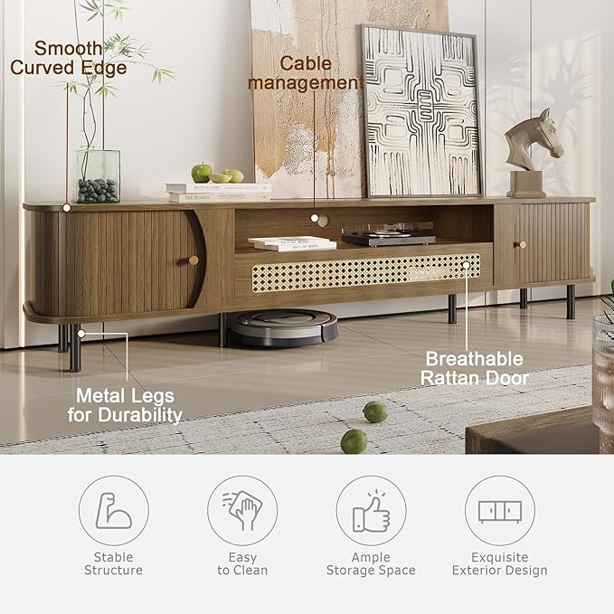 basenji 79" Fluted TV Stand with Sliding Doors & Rattan,Mid Century Modern Entertainment Center with Storage,Curved Edge Design,Media Console for TVs up to 85",TV Consoles for Living Room,Walnut