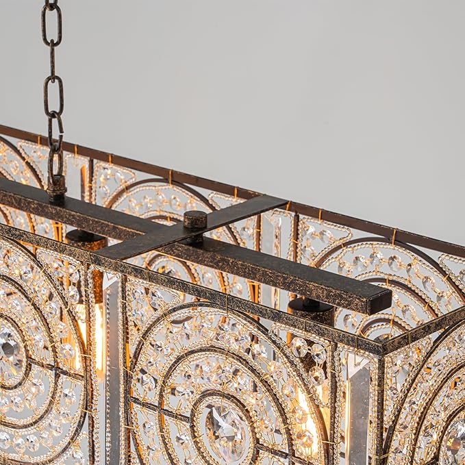 4-Lights Rectangle Crystal Chandelier for Dining Room, 42.12" Vintage Bronze Finish Large Chandeliers for High Ceilings, Flush Mount Pendant Light for Living Room Kitchen Island Bar