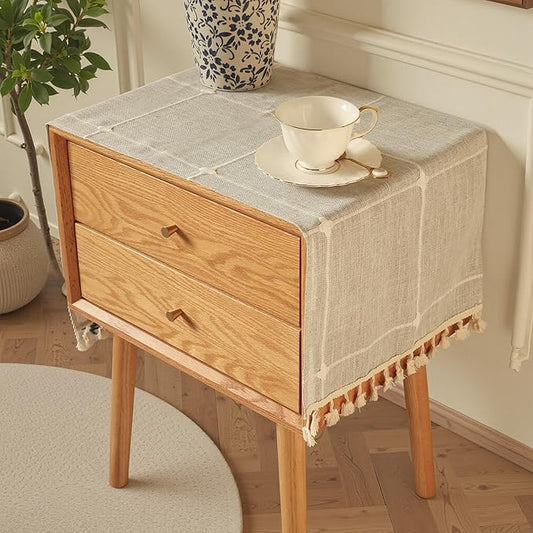 Modern Nightstand Cover with Tassels,Rustic Plaid End Table Cover Cloth,Square nightstand dust Cover and Dresser Cover top for Living Room.Machine Washable (Grey,35.4" L x 15.7" W)