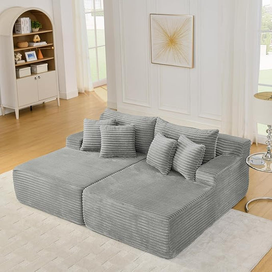 Fluffy Corduroy Double Chaise Lounge Daybed 83-Inch Oversized Loveseat Sleeper Sofa Bed,Boneless Love Seat Recliner Sleeper Couch Full Foam Floor Cloud Sofa Chaise W/6 Pillows for Living Room Bedroom