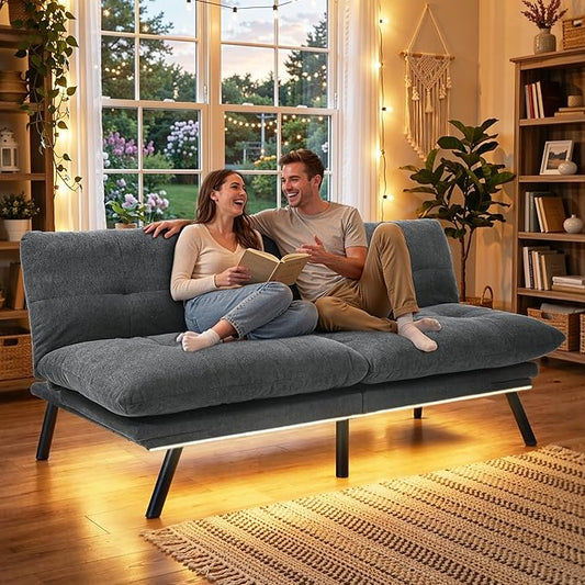 YITAHOME Convertible Futon Sofa Bed with Adjustable 3 Color Light Strip, 70" Folding Futon Set for Living Room Home Office Aprtment, Modern Futon Couch with Adjustable Backrest & Armrests, Grey