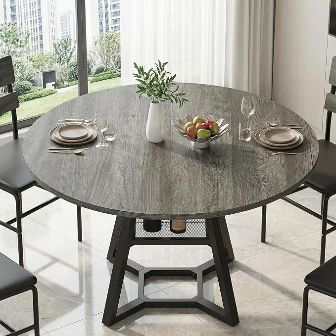 Round Dining Table for 4-6 with Storage Shelf, Kitchen & Dining Room Circle Pedestal Table, Heavy Duty Metal Frame & Wood Top